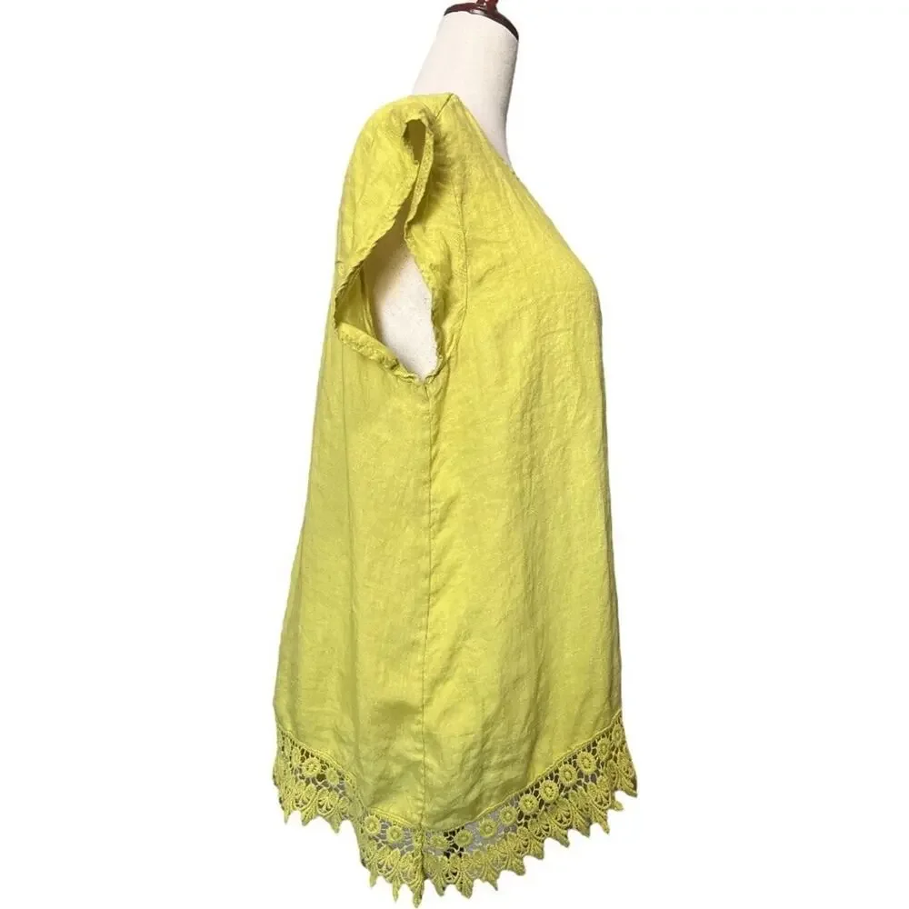 Terzo Millenio LINEN Chartreuse Crochet Lace Cap Sleeve Top Shirt Blouse L‎